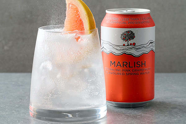 An orange can of Marlish Grapefruit sparkling water