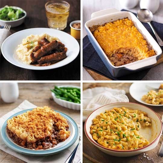 Alcohol Free Ready Meal Selection including macaroni cheese, shepherd's pie, sausage mash and cumberland pie