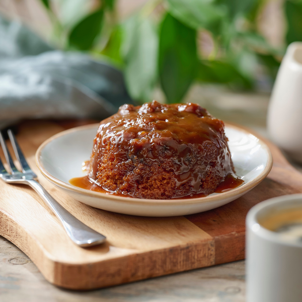 A sponge pudding topped with sticky toffee sauce