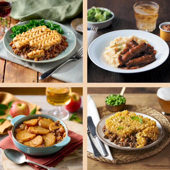 Alcohol Free Ready Meal Selection including tomato soup, chicken & grain soup, sticky toffee pudding and raspberry pudding