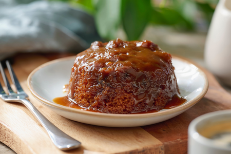 A sponge pudding topped with sticky toffee sauce