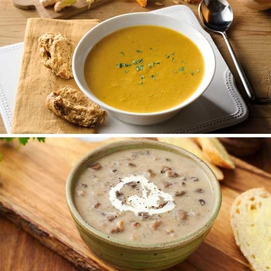 Mushroom soup and butternut squash soup
