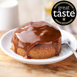 A sponge pudding topped with sticky toffee sauce