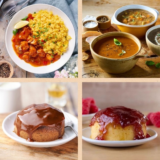 Alcohol Free Ready Meal Selection including tomato soup, chicken & grain soup, sticky toffee pudding and raspberry pudding