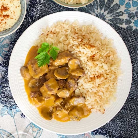 Beef & Mushroom Stroganoff and Long Grain Rice