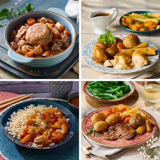 Alcohol Free Ready Meal Selection including tomato soup, chicken & grain soup, sticky toffee pudding and raspberry pudding