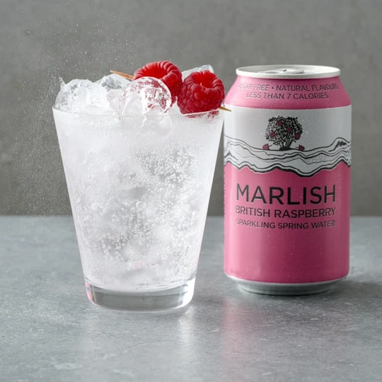 A pink can of Marlish Raspberry flavoured sparkling water
