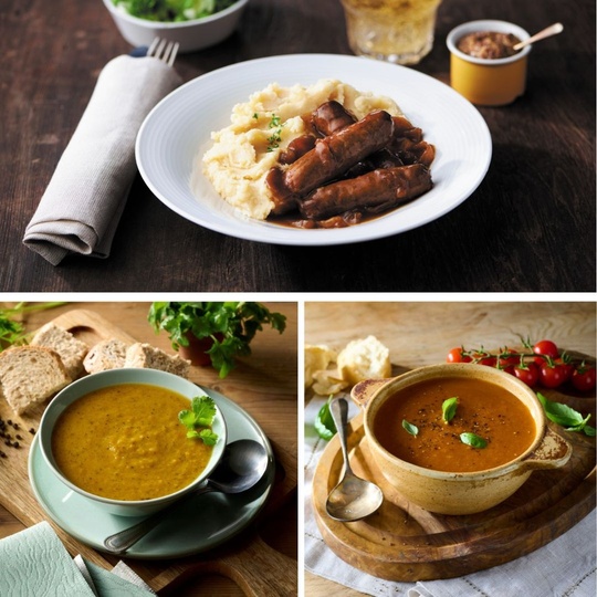 Gluten Free Ready Meals - Sausage & Mash, Carrot & Coriander Soup, Cream of Tomato Soup