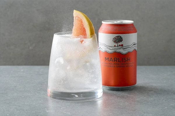 An orange can of Marlish Grapefruit sparkling water