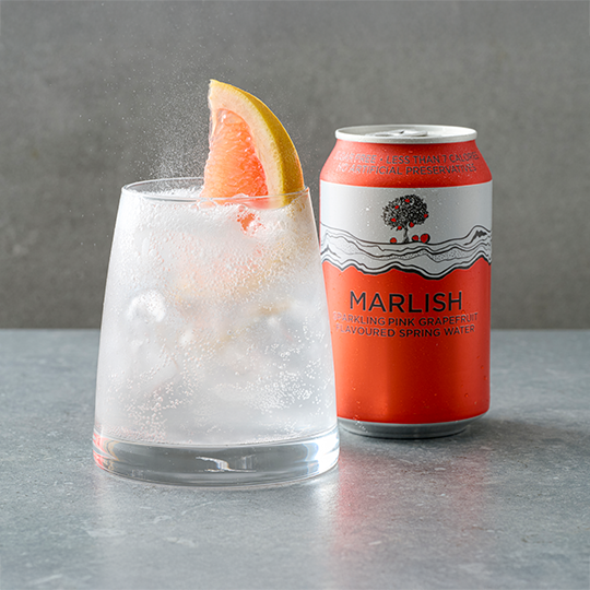 An orange can of Marlish Grapefruit sparkling water