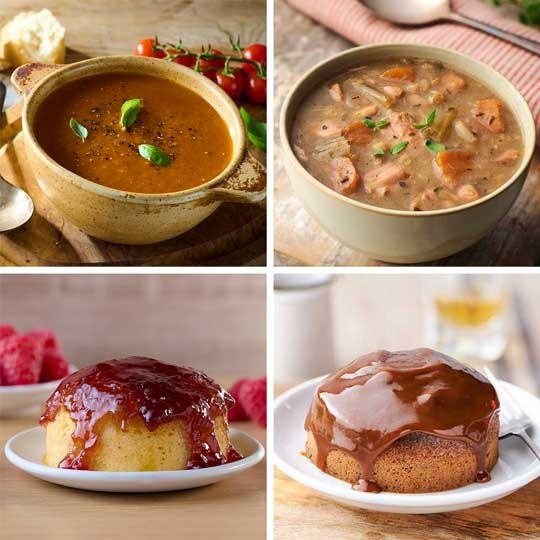 Alcohol Free Ready Meal Selection including tomato soup, chicken & grain soup, sticky toffee pudding and raspberry pudding