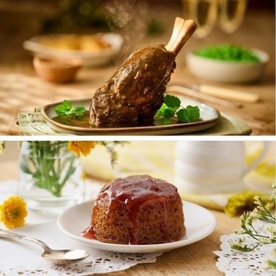 Lamb Shank in Mint Sauce + Rhubarb Pudding