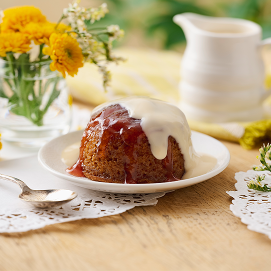 Rhubarb & Ginger Pudding Ready Made with Custard