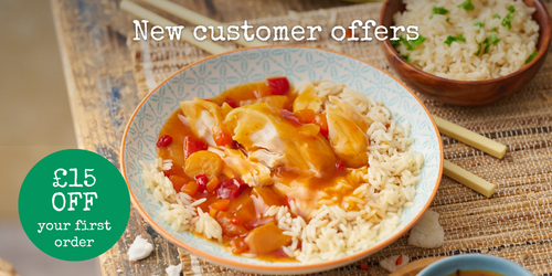 Sweet & Sour Chicken with text saying new customer offers and up to £15 off