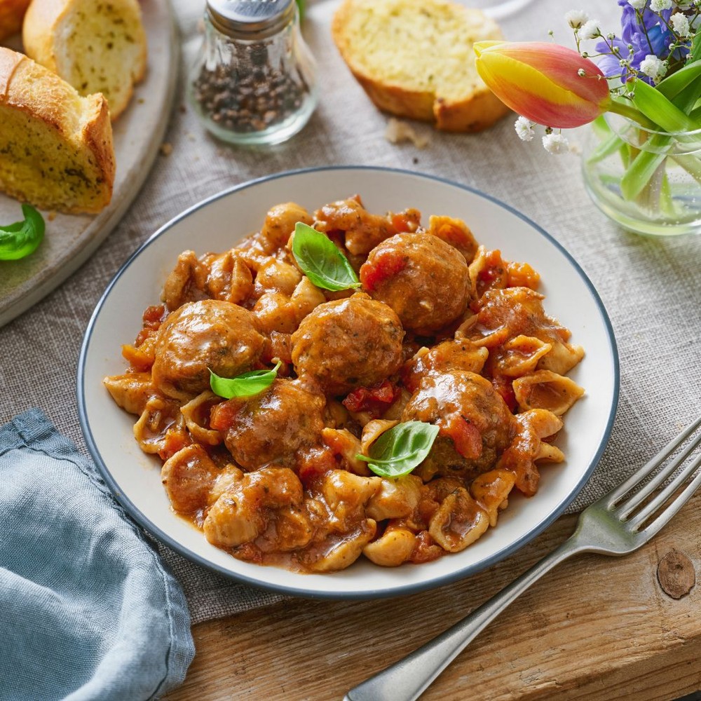 An Image of pasta with meatballs on a table