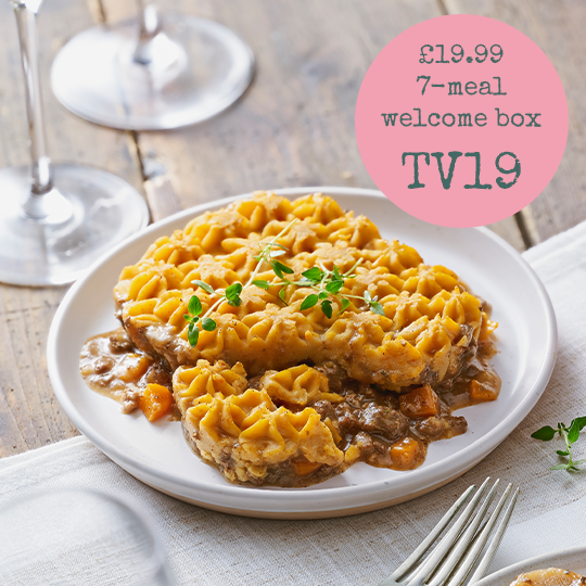An image of shepherd's pie, with a roundel with the offer code TV19 on it