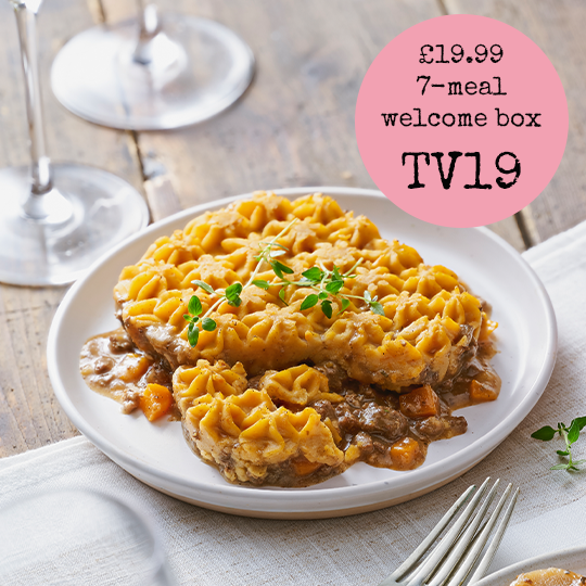 An image of shepherd's pie, with a roundel with the offer code TV19 on it